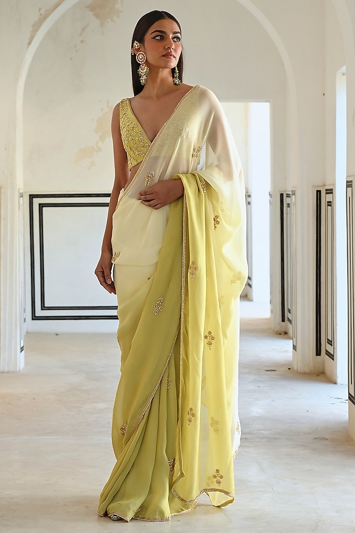 Ivory & Olive Green Ombre Embroidered Wedding Saree Set by Ease at Pernia's Pop Up Shop