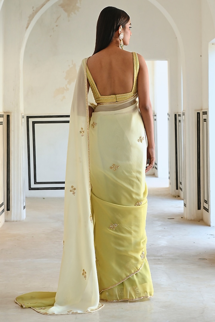 Ivory & Olive Green Ombre Embroidered Wedding Saree Set by Ease at Pernia's Pop Up Shop