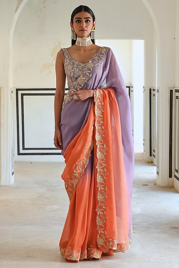 Lilac & Orange Ombre Embroidered Wedding Saree Set by Ease at Pernia's Pop Up Shop
