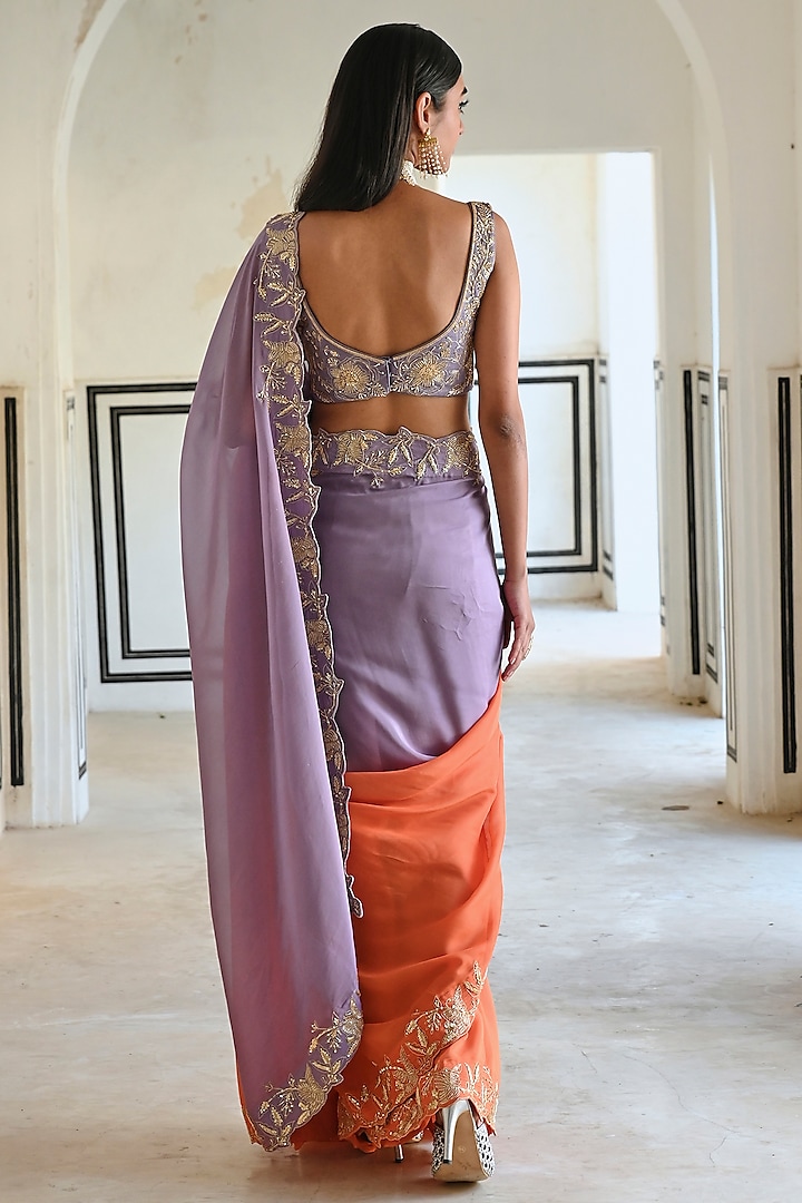 Lilac & Orange Ombre Embroidered Wedding Saree Set by Ease at Pernia's Pop Up Shop