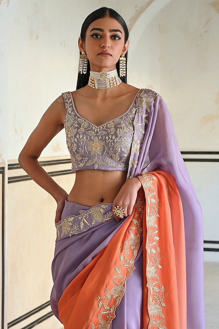 Lilac & Orange Ombre Embroidered Wedding Saree Set by Ease at Pernia's Pop Up Shop