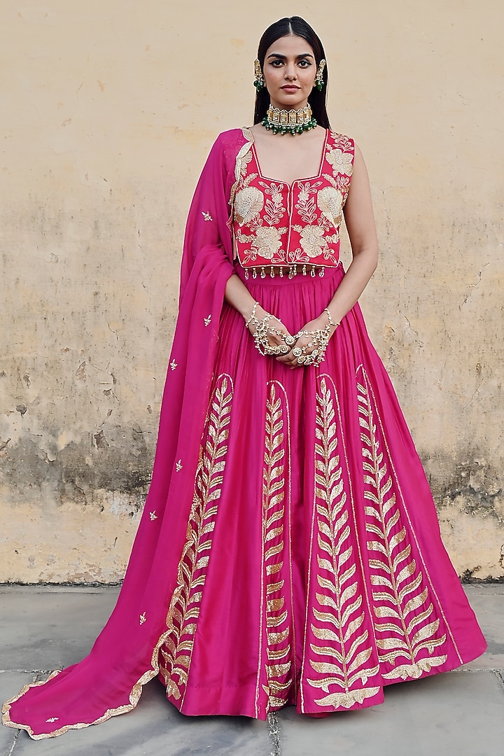Hot Pink Silk Embroidered Kalidar Wedding Lehenga Set by Ease at Pernia's Pop Up Shop