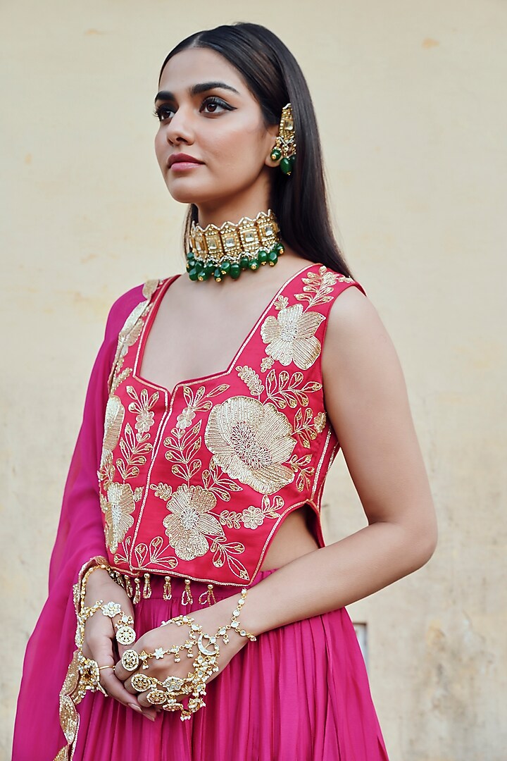 Hot Pink Silk Embroidered Kalidar Wedding Lehenga Set by Ease at Pernia's Pop Up Shop