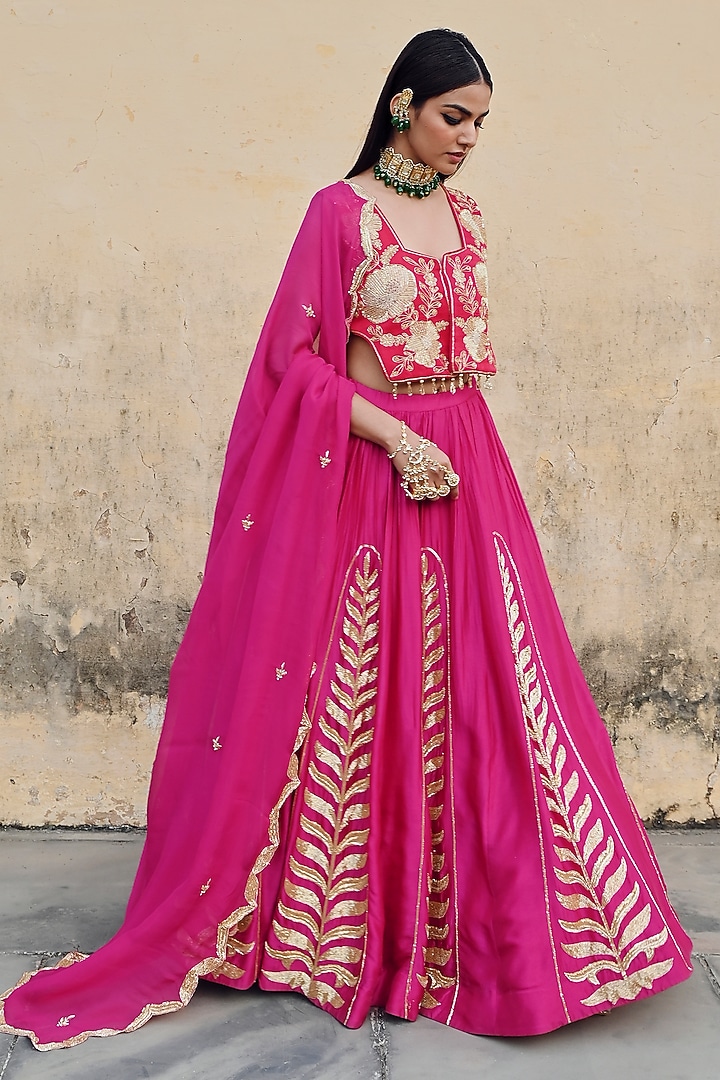 Hot Pink Silk Embroidered Kalidar Wedding Lehenga Set by Ease at Pernia's Pop Up Shop