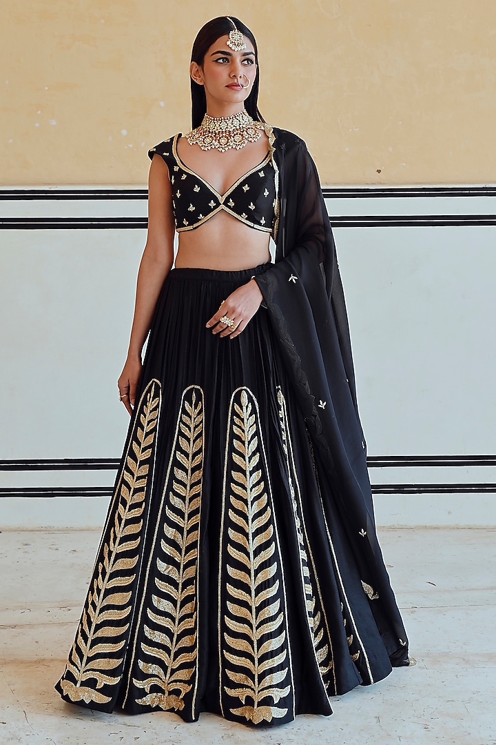 Black Silk Embroidered Kalidar Wedding Lehenga Set by Ease at Pernia's Pop Up Shop