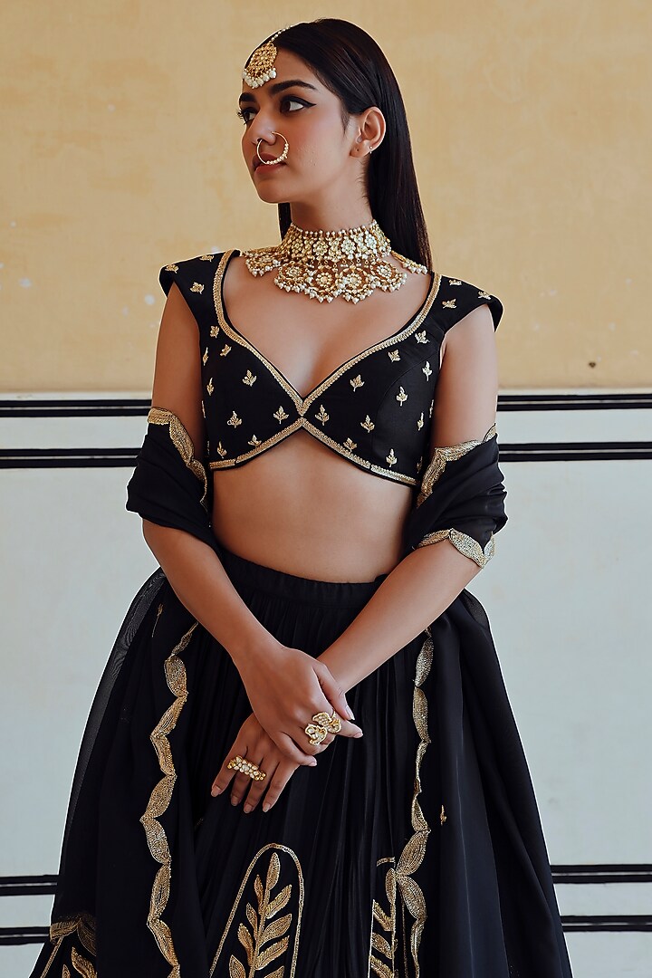 Black Silk Embroidered Kalidar Wedding Lehenga Set by Ease at Pernia's Pop Up Shop
