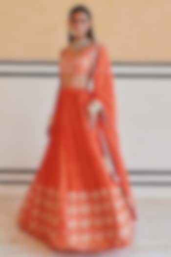 Orange Silk Floral Boota Embroidered Wedding Lehenga Set by Ease at Pernia's Pop Up Shop