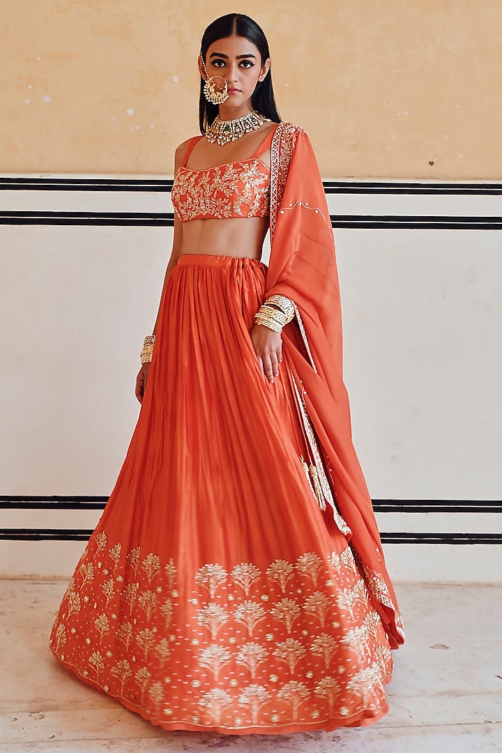 Orange Silk Floral Boota Embroidered Wedding Lehenga Set by Ease at Pernia's Pop Up Shop