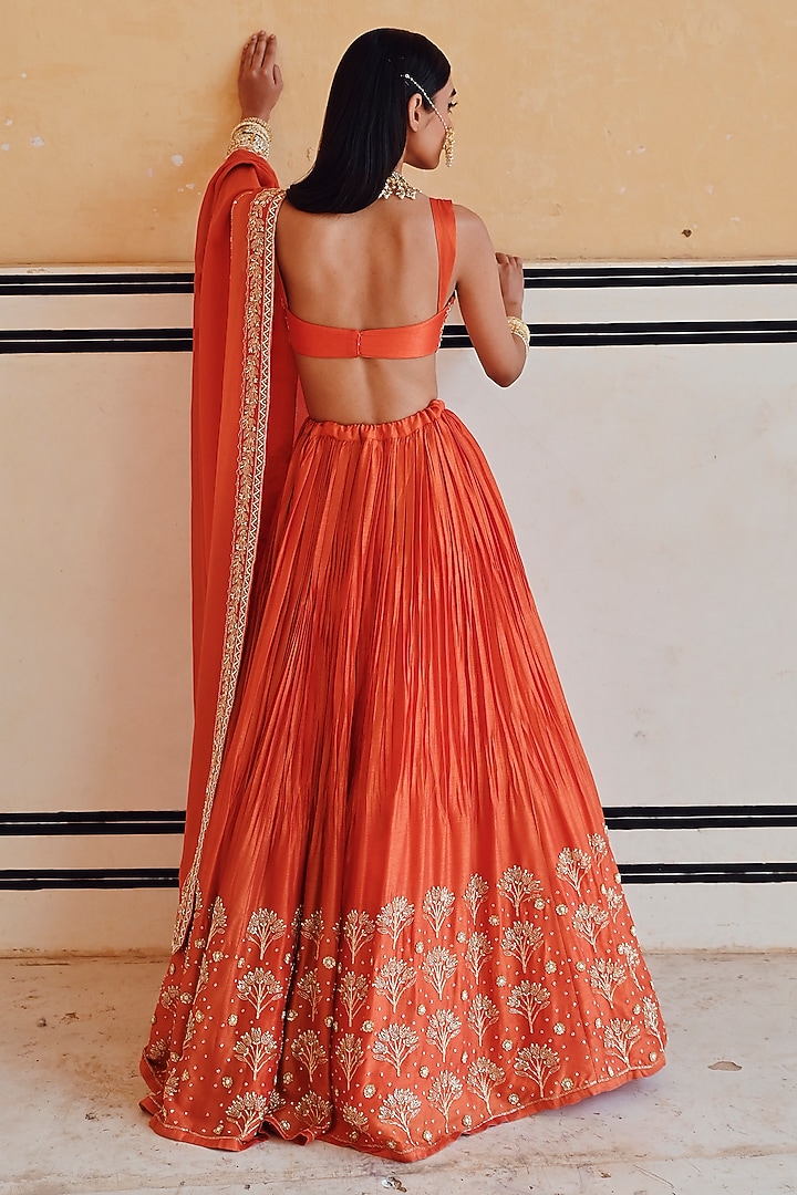 Orange Silk Floral Boota Embroidered Wedding Lehenga Set by Ease at Pernia's Pop Up Shop