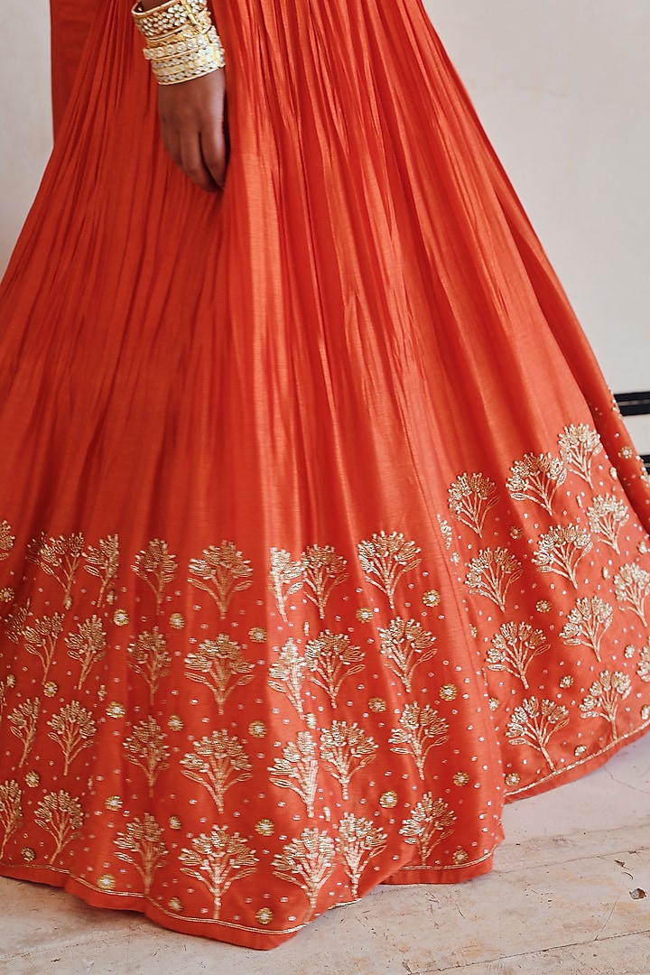 Orange Silk Floral Boota Embroidered Wedding Lehenga Set by Ease at Pernia's Pop Up Shop