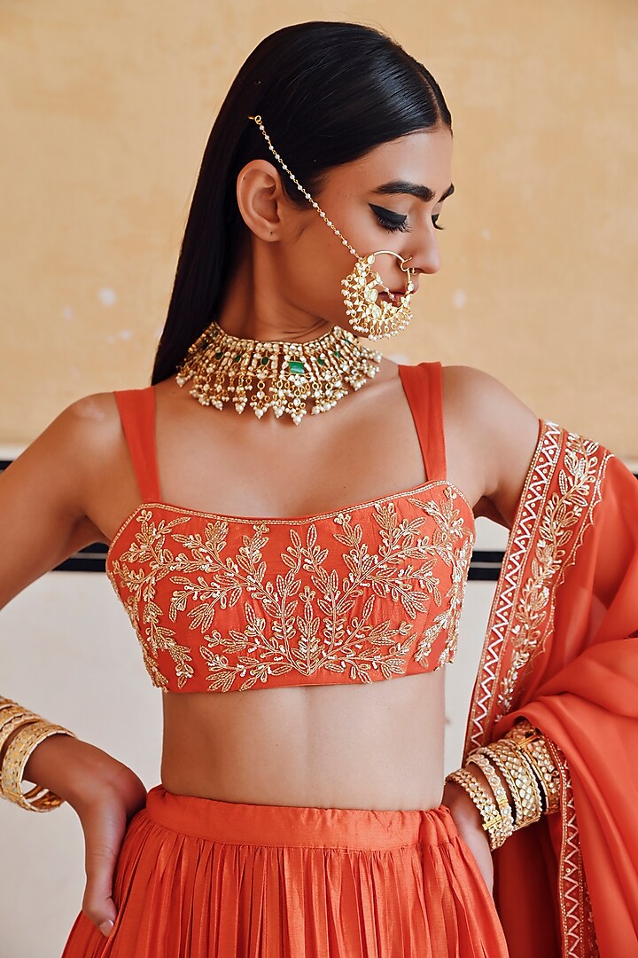 Orange Silk Floral Boota Embroidered Wedding Lehenga Set by Ease at Pernia's Pop Up Shop