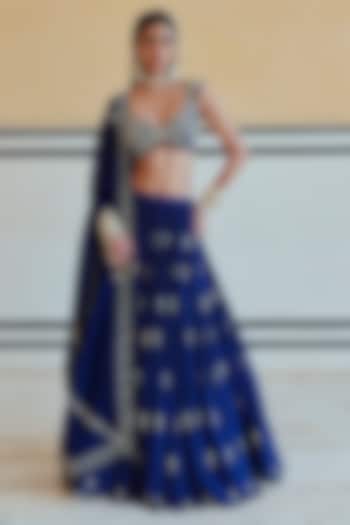 Royal Blue Pure Crepe Floral Boota Embroidered Wedding Lehenga Set by Ease at Pernia's Pop Up Shop