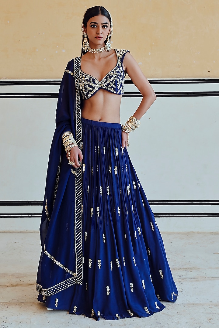 Royal Blue Pure Crepe Floral Boota Embroidered Wedding Lehenga Set by Ease at Pernia's Pop Up Shop