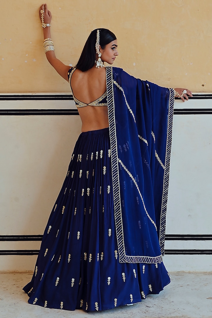 Royal Blue Pure Crepe Floral Boota Embroidered Wedding Lehenga Set by Ease at Pernia's Pop Up Shop