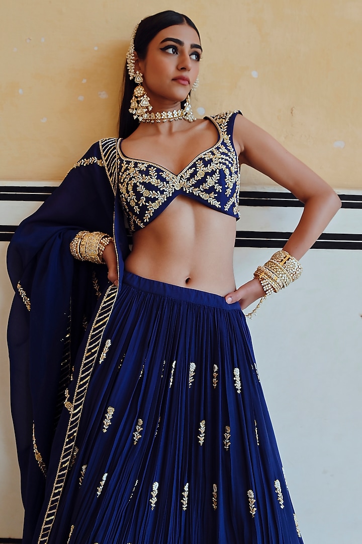 Royal Blue Pure Crepe Floral Boota Embroidered Wedding Lehenga Set by Ease at Pernia's Pop Up Shop