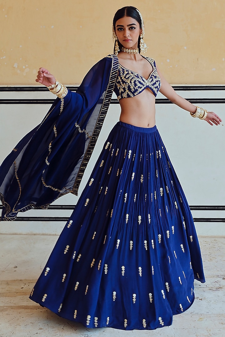 Royal Blue Pure Crepe Floral Boota Embroidered Wedding Lehenga Set by Ease at Pernia's Pop Up Shop