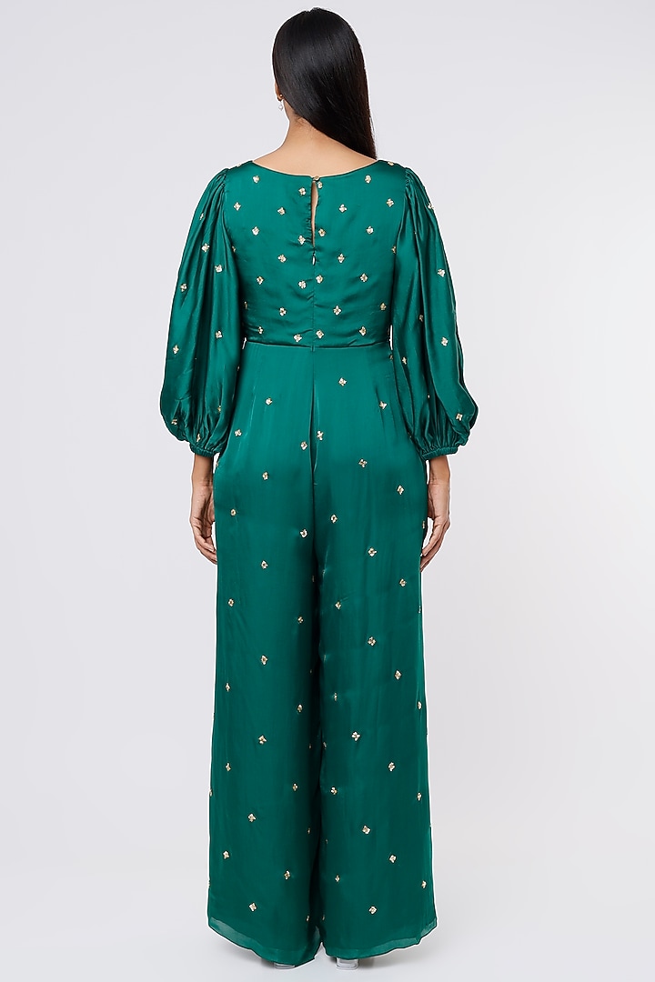 Green Satin Organza Jumpsuit by Ease at Pernia's Pop Up Shop