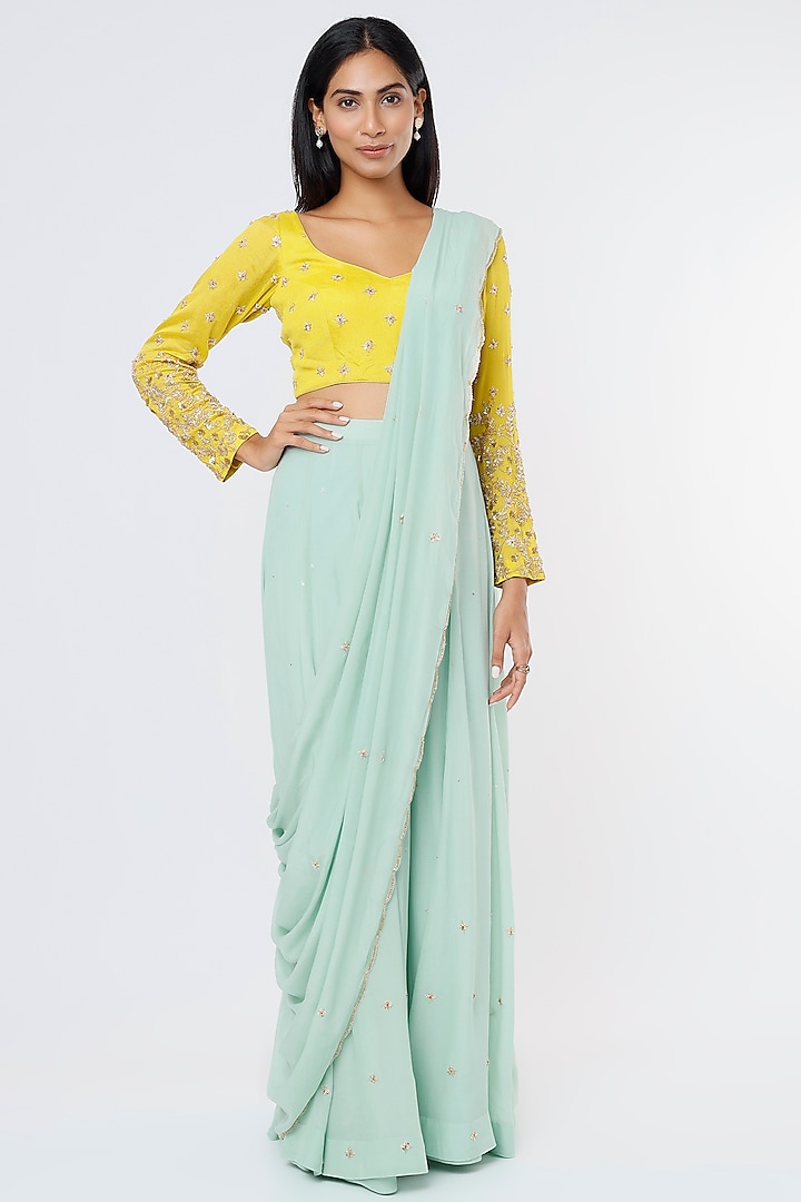 Mint Blue Embroidered Saree Set by Ease