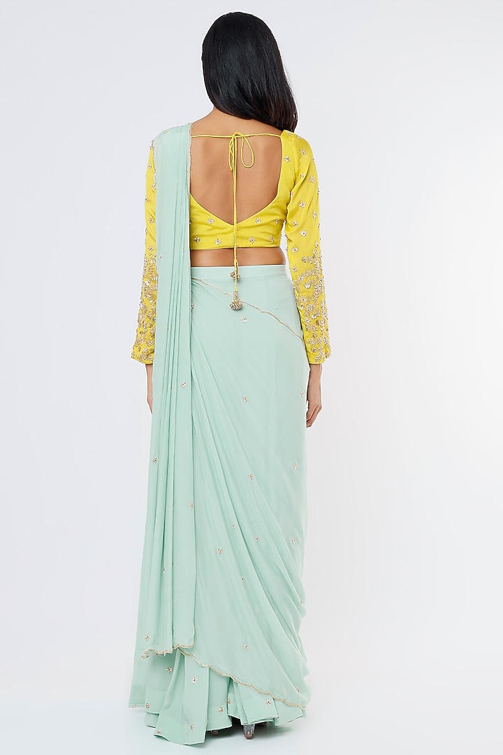 Mint Blue Embroidered Wedding Saree Set by Ease at Pernia's Pop Up Shop