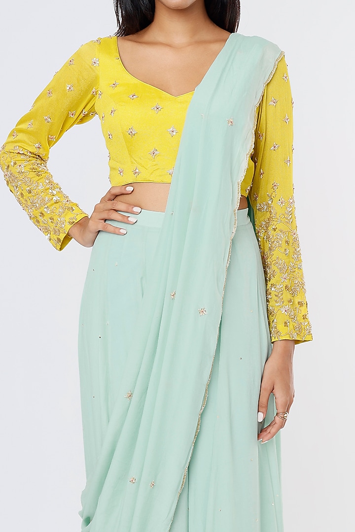 Mint Blue Embroidered Wedding Saree Set by Ease at Pernia's Pop Up Shop