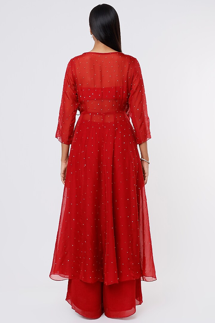 Red Viscose Organza Angrakha Set by Ease at Pernia's Pop Up Shop