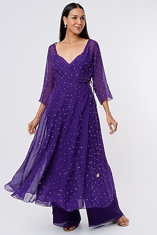 Purple Viscose Organza Angrakha Set by Ease