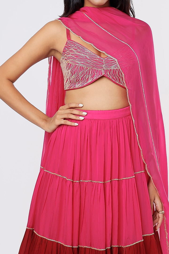 Rani Pink-Red Satin Organza Wedding Lehenga Set by Ease at Pernia's Pop Up Shop