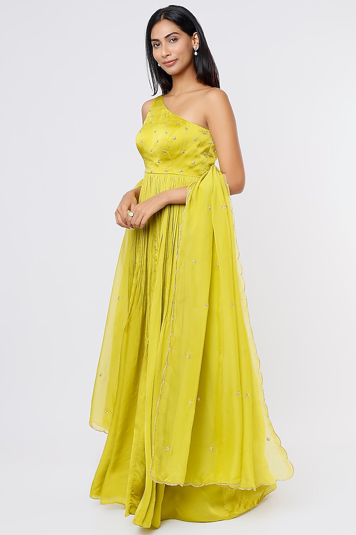 Lime Green Organza Anarkali Set by Ease at Pernia's Pop Up Shop