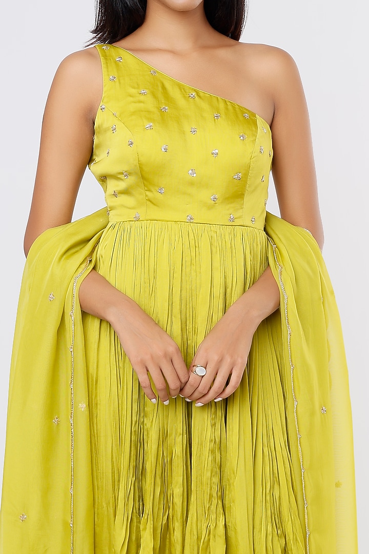 Lime Green Organza Party Wear Anarkali Set by Ease at Pernia's Pop Up Shop