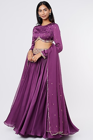 Purple Satin Embroidered Lehenga Set by Ease