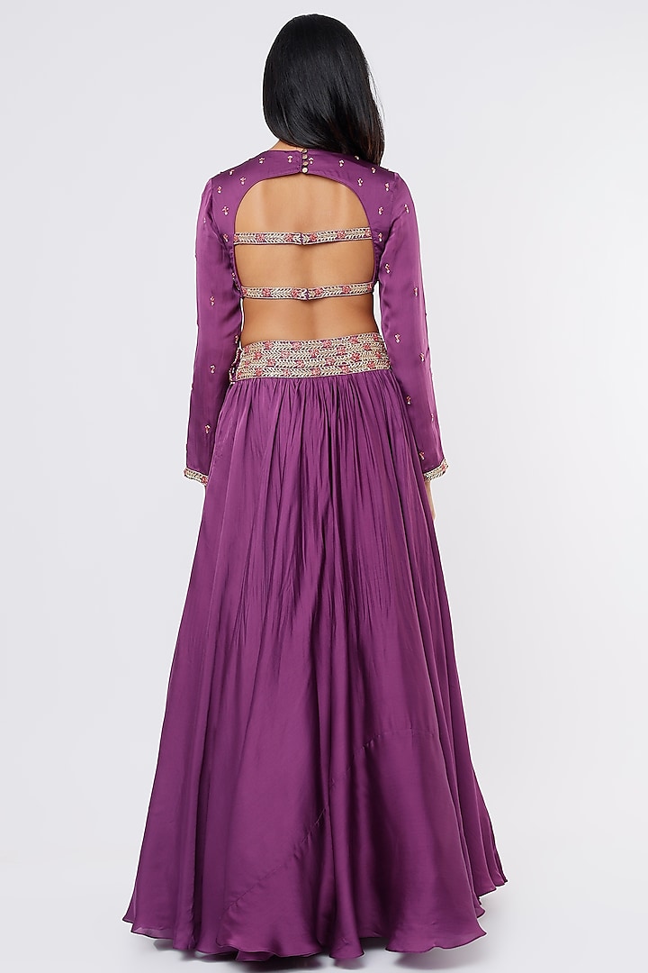 Purple Satin Embroidered Wedding Lehenga Set by Ease at Pernia's Pop Up Shop