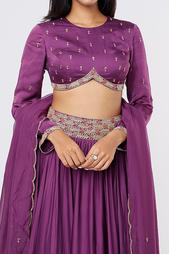 Purple Satin Embroidered Wedding Lehenga Set by Ease at Pernia's Pop Up Shop