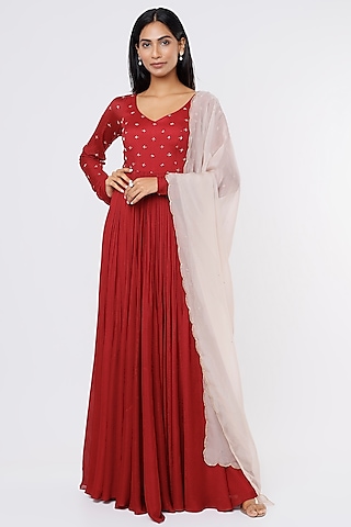 Red Crepe Anarkali Set by Ease
