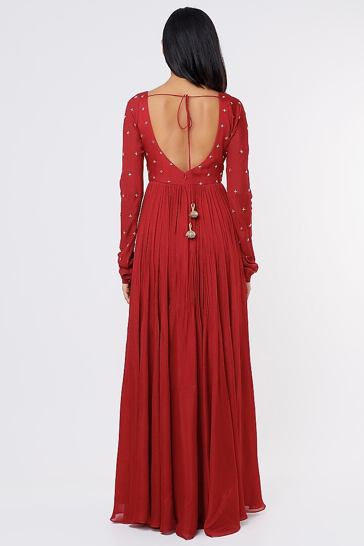Red Crepe Party Wear Anarkali Set by Ease at Pernia's Pop Up Shop