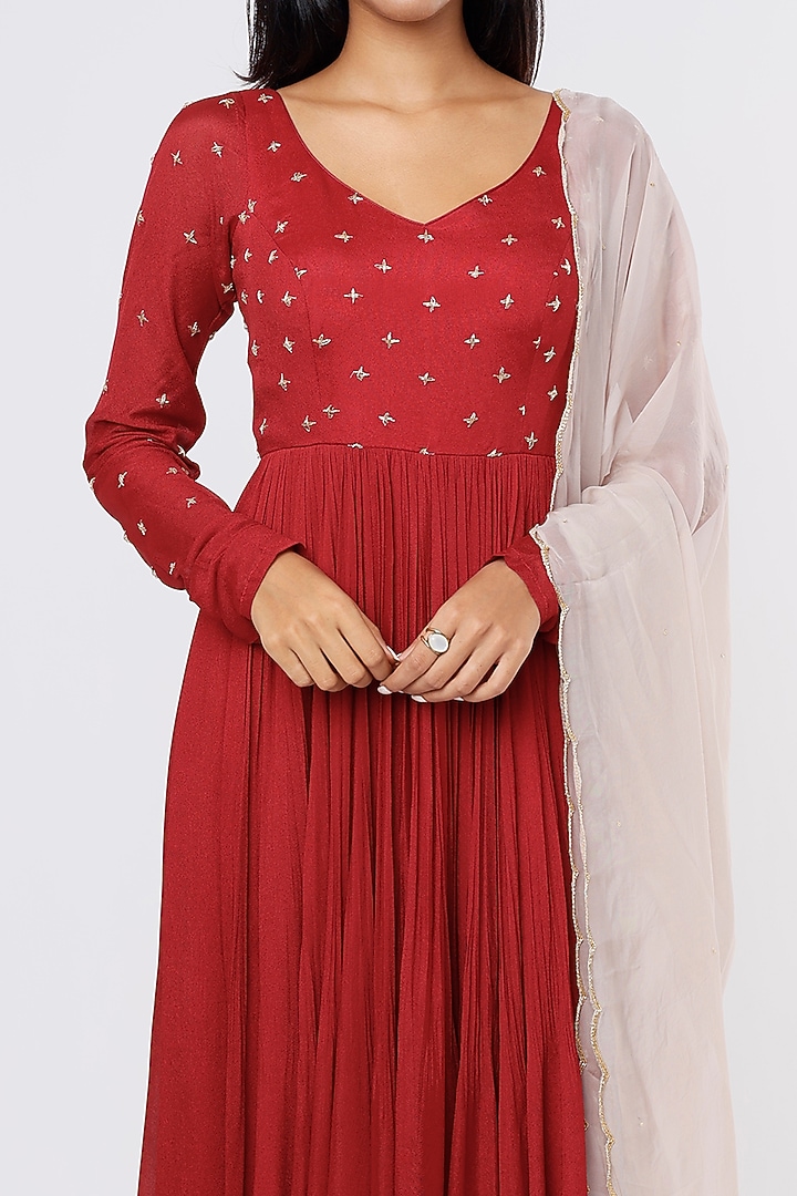 Red Crepe Party Wear Anarkali Set by Ease at Pernia's Pop Up Shop