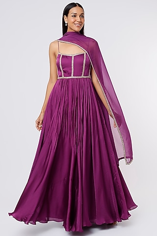 Purple Embroidery Anarkali Set by Ease