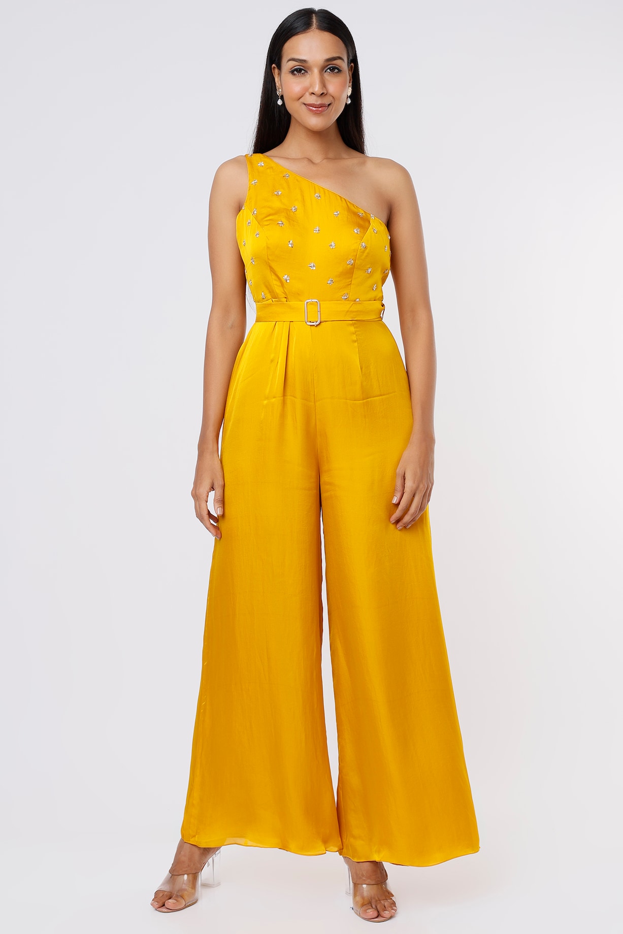 Yellow Satin Organza Jumpsuit by Ease at Pernia's Pop Up Shop 2025
