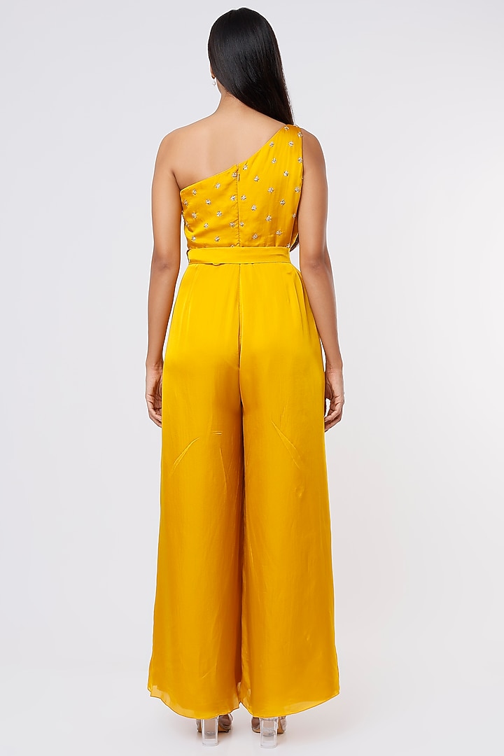 Yellow Satin Organza Jumpsuit by Ease at Pernia's Pop Up Shop