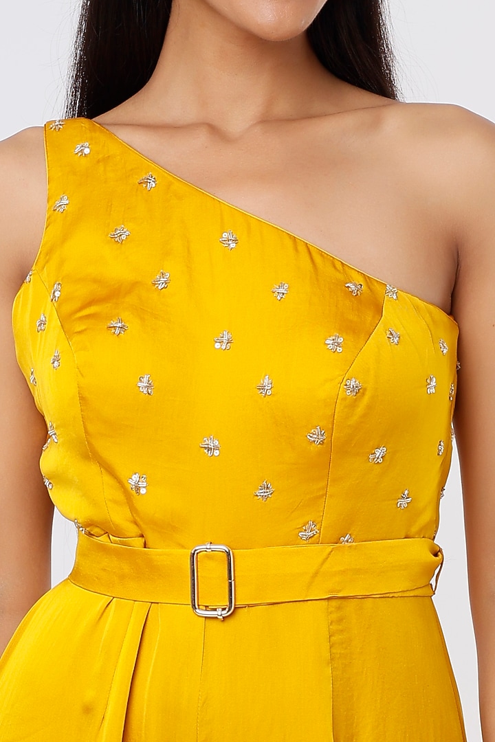 Yellow Satin Organza Jumpsuit by Ease at Pernia's Pop Up Shop