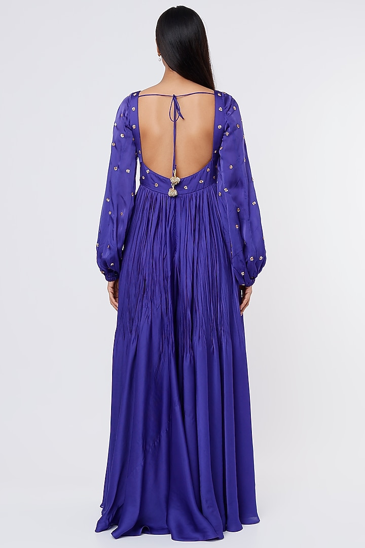 Royal Blue Satin Organza Wedding Anarkali Set by Ease at Pernia's Pop Up Shop