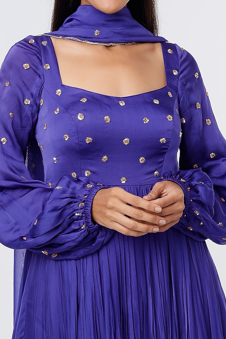 Royal Blue Satin Organza Wedding Anarkali Set by Ease at Pernia's Pop Up Shop
