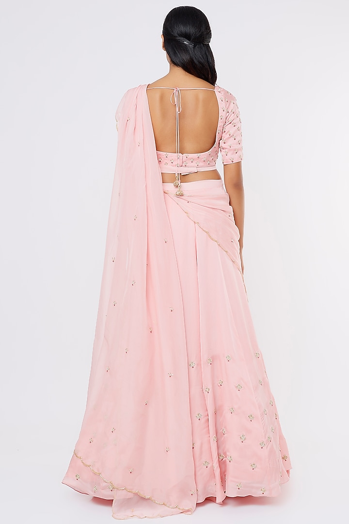 Baby Pink Satin Butta Embroidered Wedding Lehenga Saree Set by Ease at Pernia's Pop Up Shop