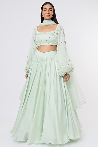 Aqua Satin Organza Lehenga Set  by Ease