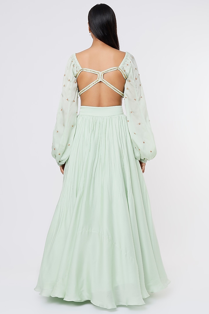 Aqua Satin Organza Wedding Lehenga Set by Ease at Pernia's Pop Up Shop