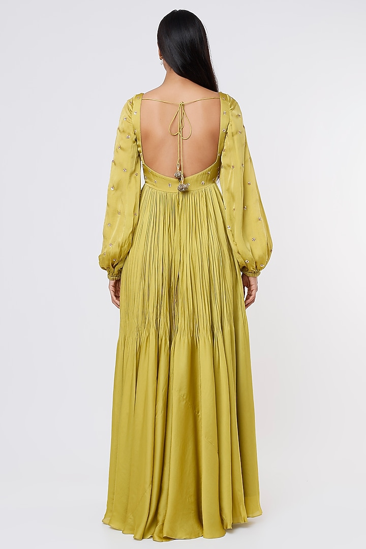 Olive Green Satin Organza Wedding Anarkali Set by Ease at Pernia's Pop Up Shop