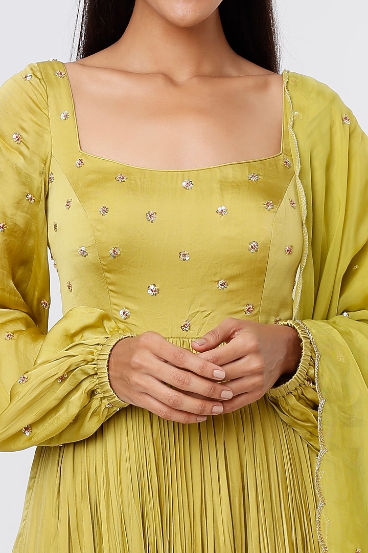 Olive Green Satin Organza Wedding Anarkali Set by Ease at Pernia's Pop Up Shop