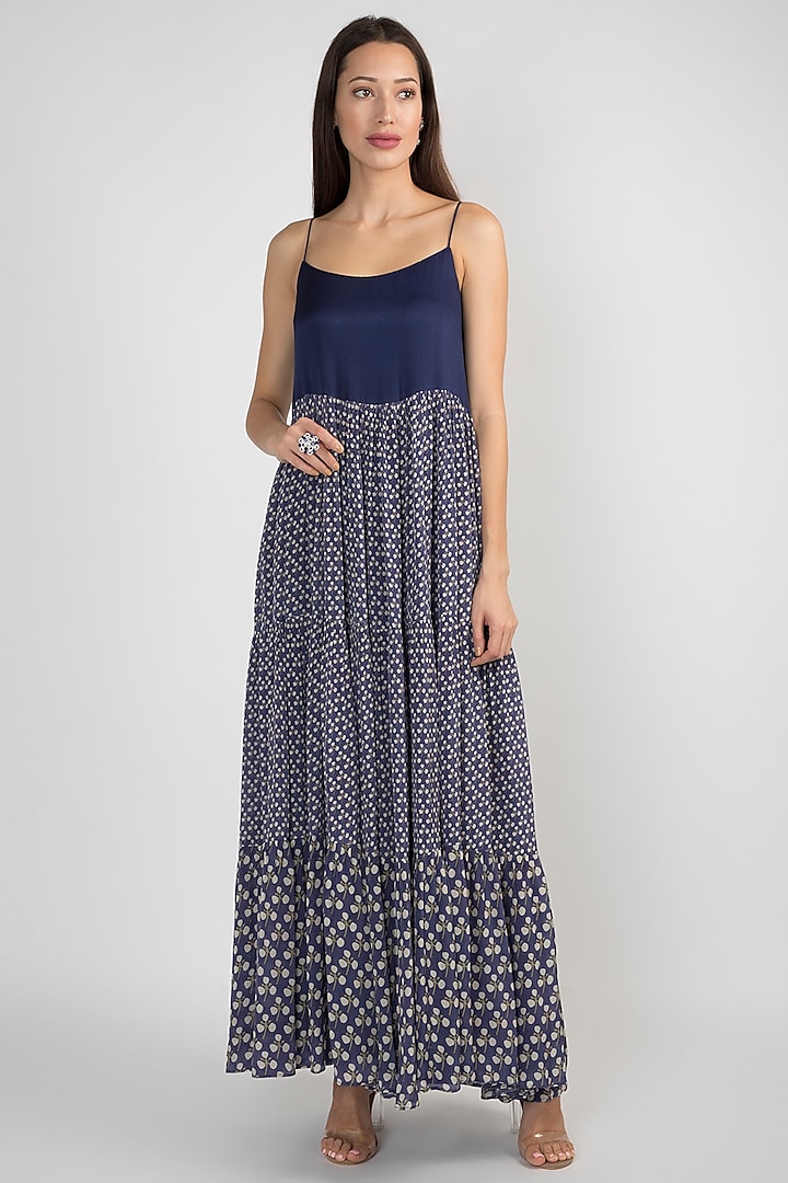 Blue Printed Tiered Dress by Ease