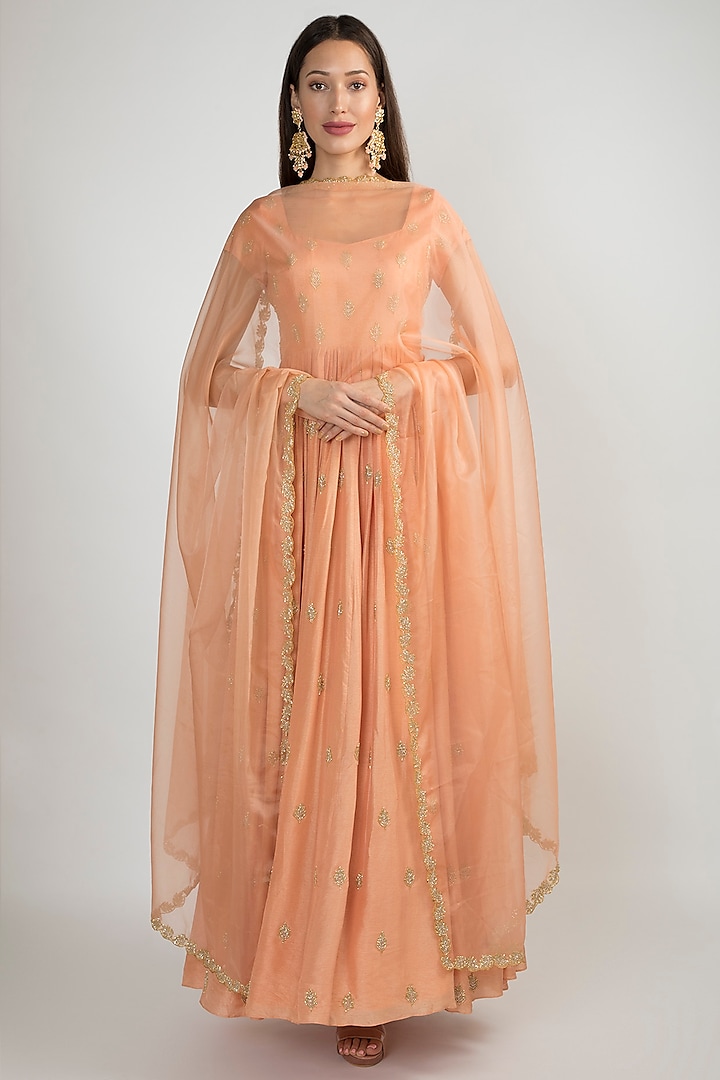 Peach Pink Embroidered Anarkali With Dupatta by Ease
