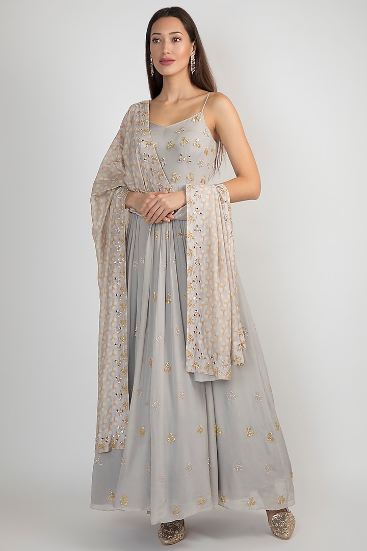 Light Lilac Embroidered Anarkali With Printed Dupatta by Ease