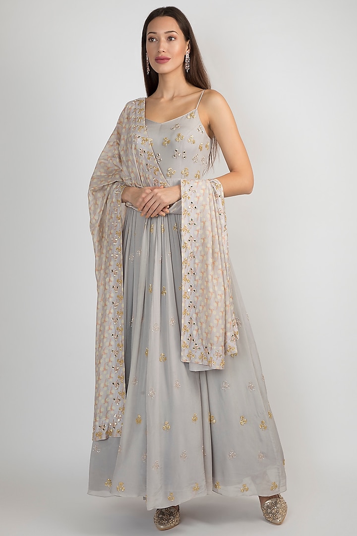 Light Lilac Embroidered Anarkali With Printed Dupatta by Ease at Pernia's Pop Up Shop